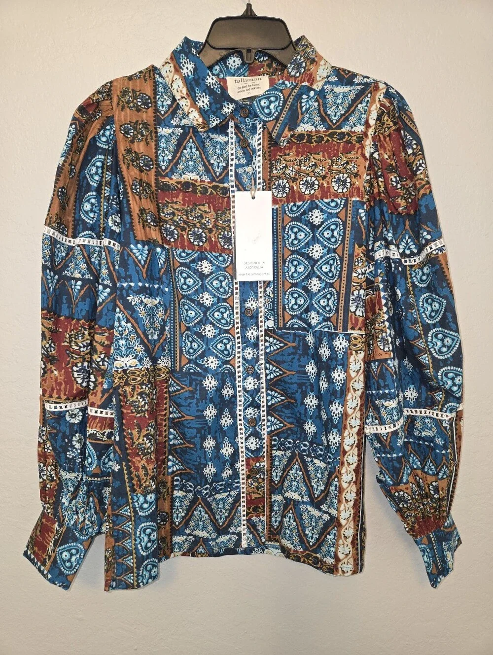 Talisman Castella Patchwork Print Cotton Button-Up Shirt, Size XS - Picture 3 of 4